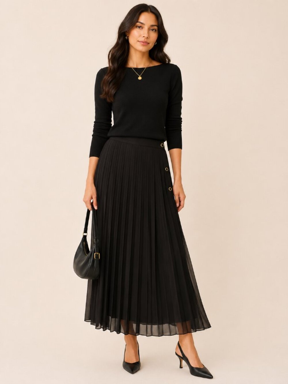 Bill‎ Blass Sportswear Black Pleated Midi Skirt Gold Button Detail Womens 12